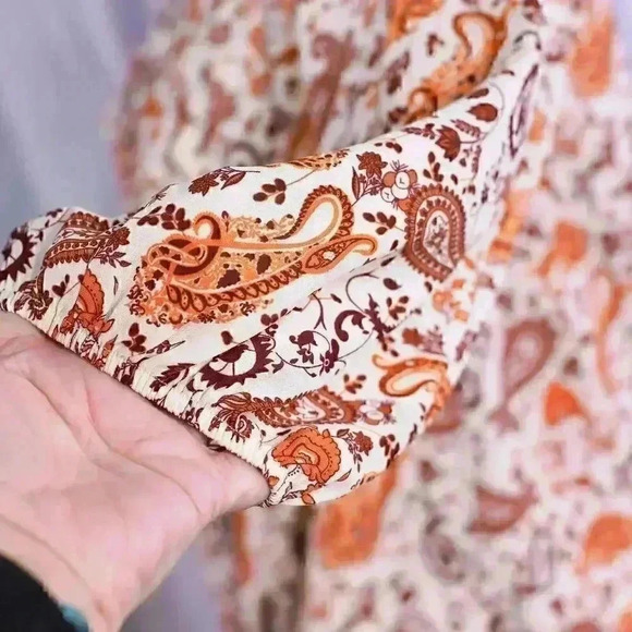 Stella Tweed XL paisly print brown/orange/tan tie front pullover shirt - Picture 8 of 14